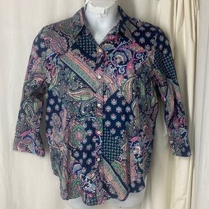 LAUREN XL Non Iron Mixed Print Paisley Top Black Pink Green Button Front